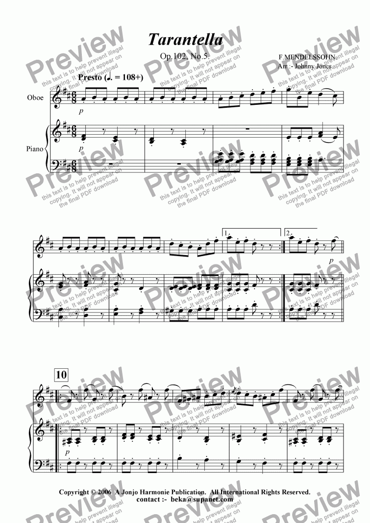 page one of Tarantella  Op.102, No5.  (Oboe and Piano)