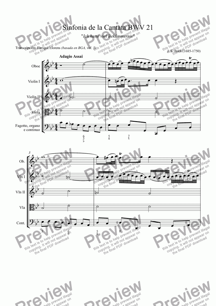 page one of Sinfonia from Cantata BWV 21
