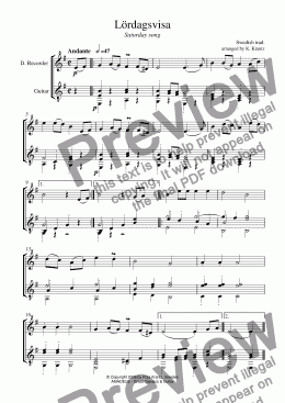 page one of Lordagsvisa (Saturday song) for recorder and guitar