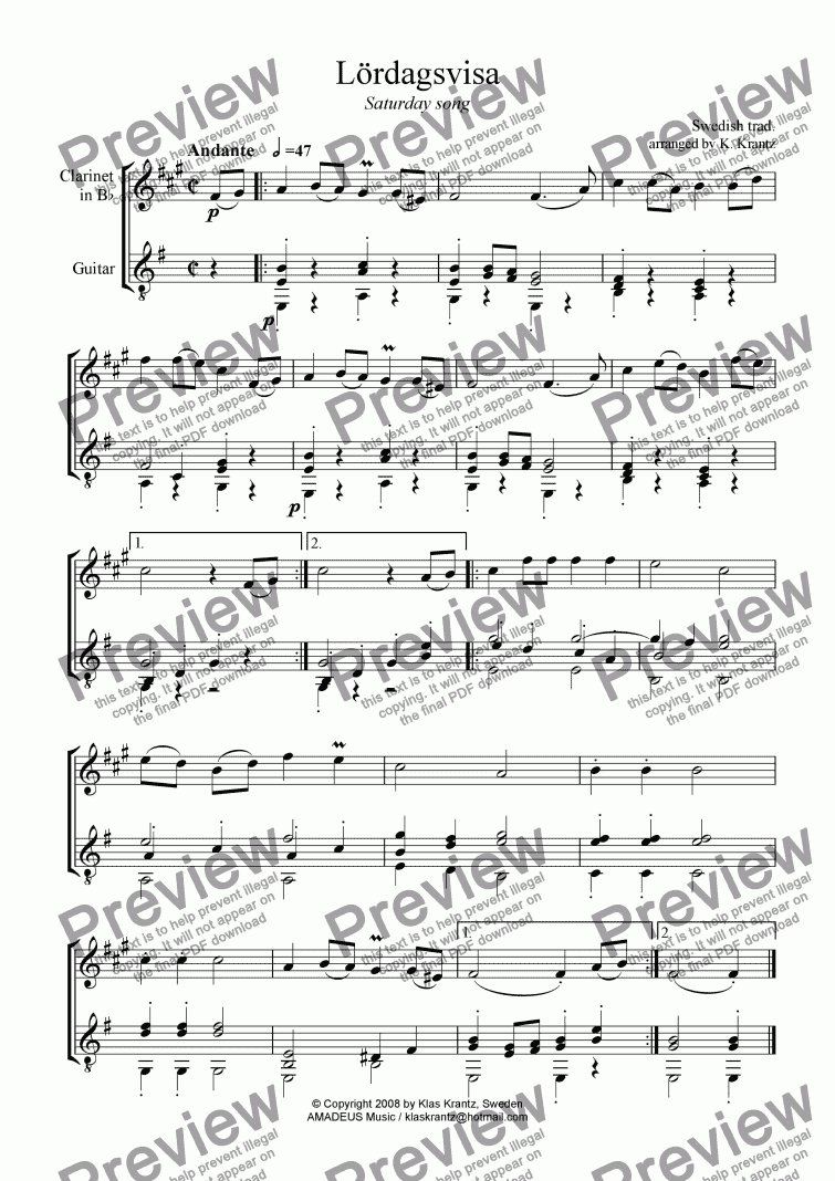 page one of Lordagsvisa (Saturday song) for clarinet in Bb and guitar