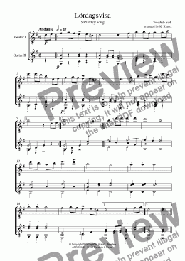 page one of Lordagsvisa (Saturday song) for guitar duet