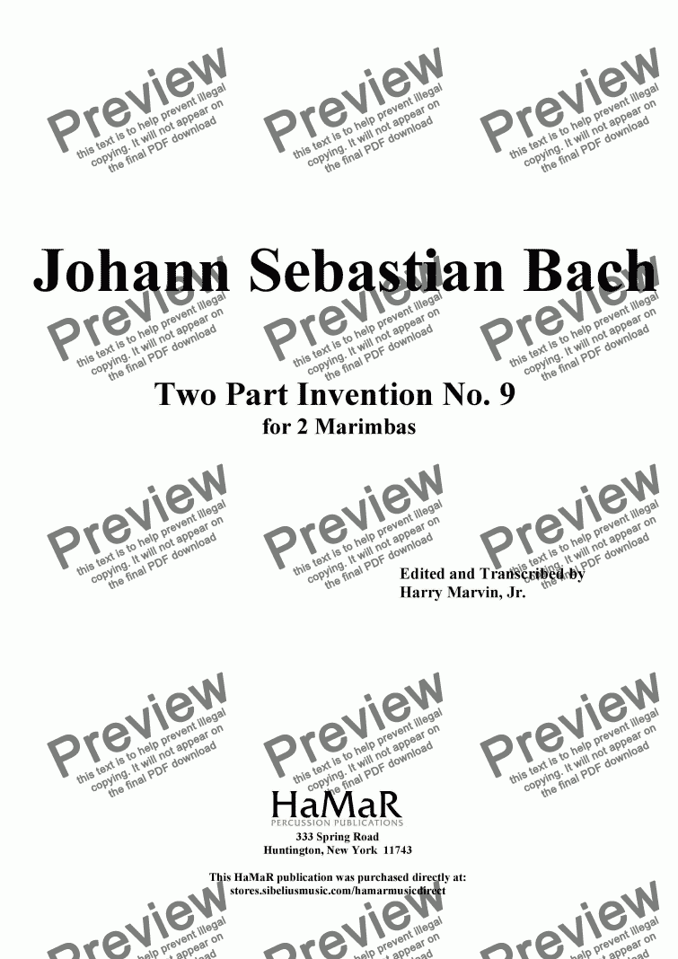 page one of J. S. Bach Two Part Invention No. 9 for 2 Marimbas