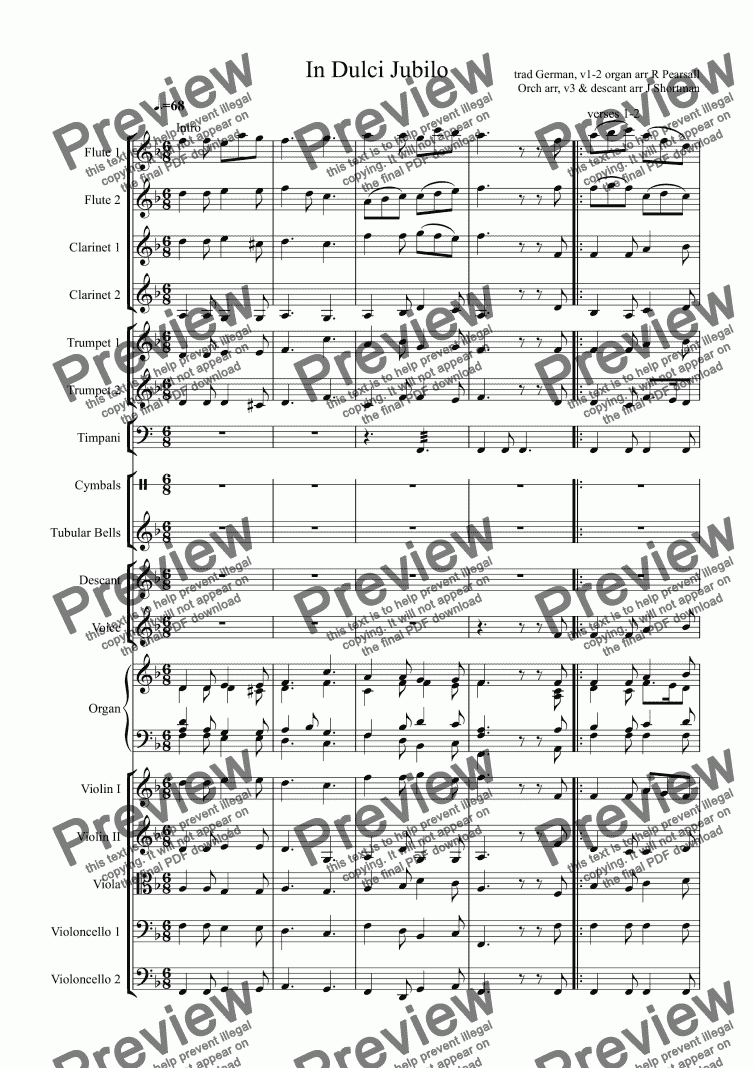 page one of In Dulci Jubilo - Orchestral Arrangement & Descant (Christmas Carol)