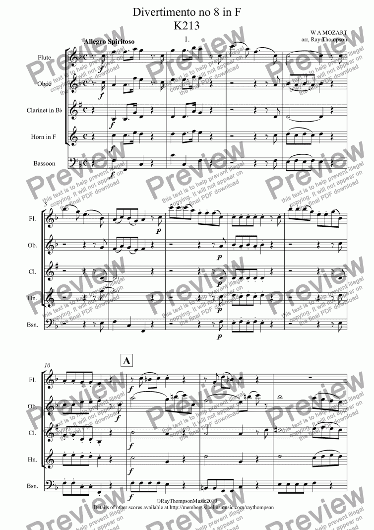page one of MOZART: Divertimento no 8 (K213) (complete) - wind quintet