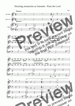 page one of Prais the Lord - Hungarian Christmas carol for Recorder, Horn and Piano