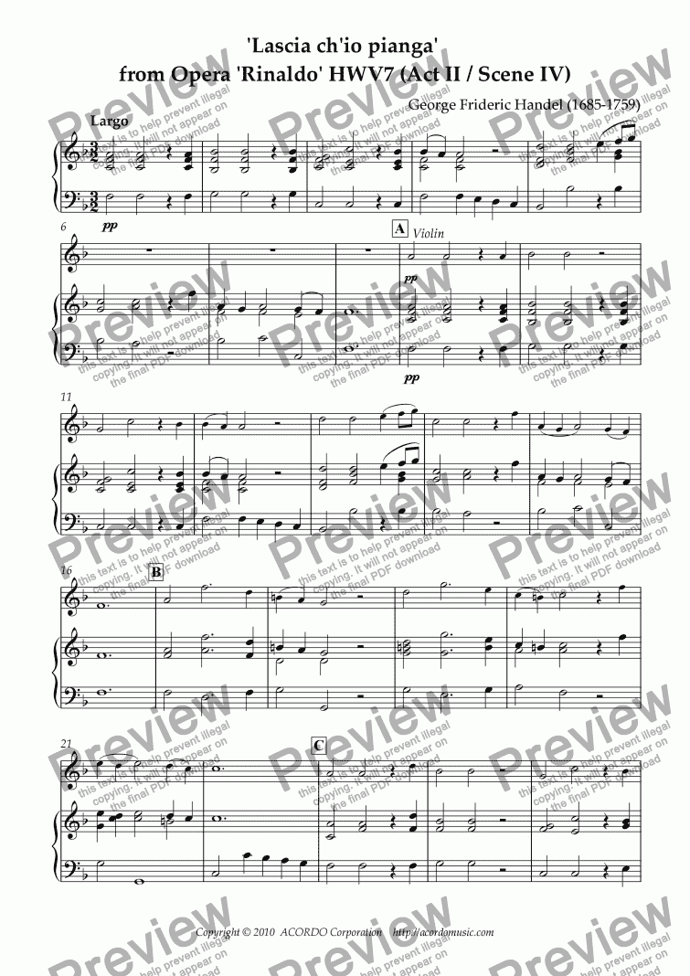 page one of "Lascia ch’io pianga" from Opera "Rinaldo" HWV.7 (Act II / Scene IV) for Violin & Piano