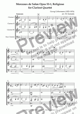 page one of Morceaux de Salon Opus 53-1, Religioso for Clarinet Quartet