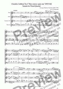 page one of Chandos Anthem No.3 "Have mercy upon me" HWV248 Sonata for Wood Quartet