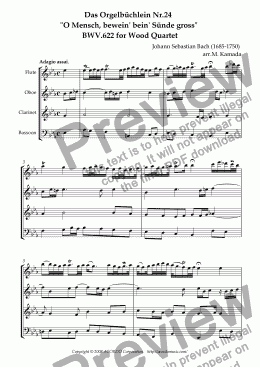 page one of Das Orgelbüchlein "O Mensch, bewein dein’ Sünde gross" BWV.622 for Wood Quartet