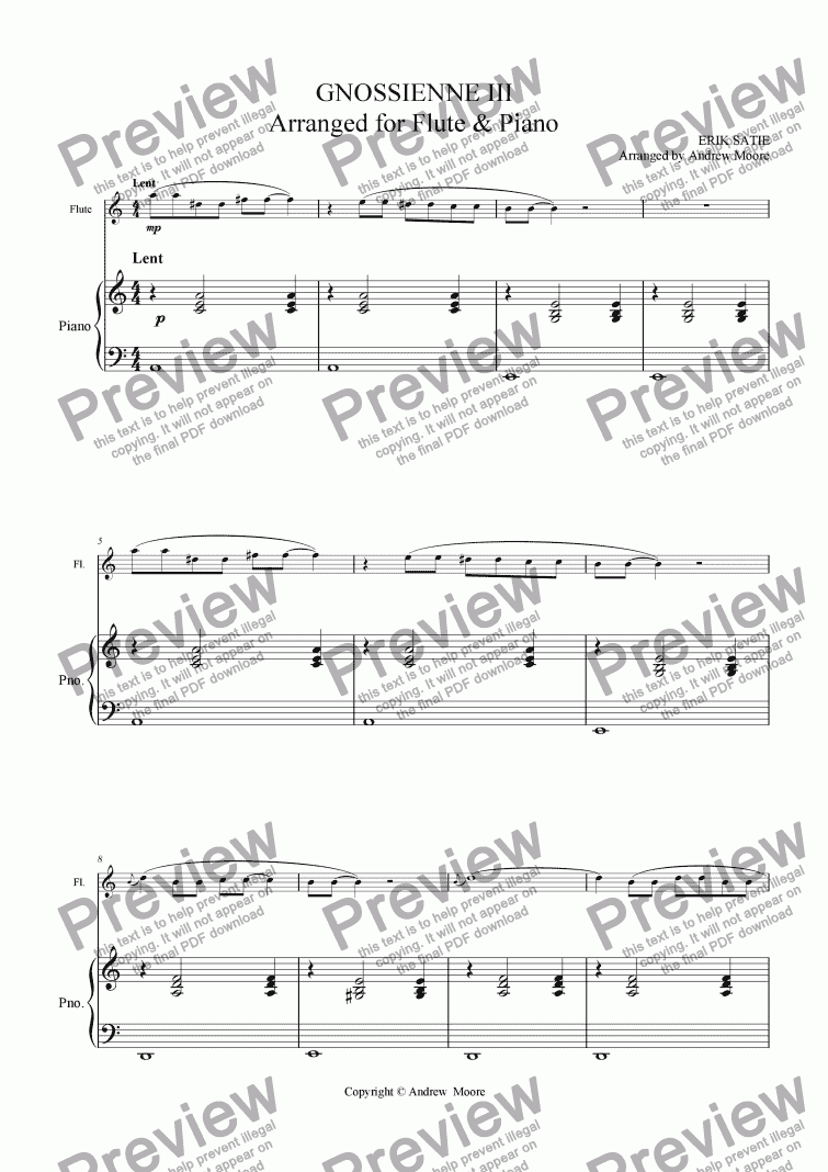 page one of Gnossienne III for Flute & Piano