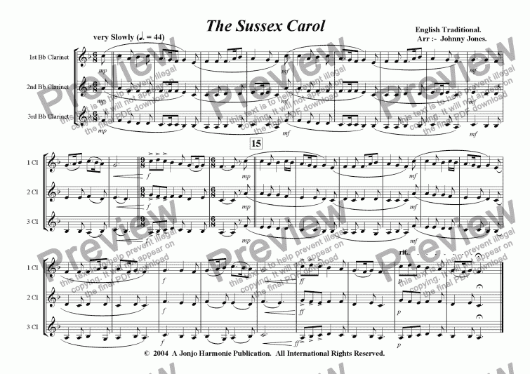 page one of Sussex Carol, The   (Christmas,  3 Bb Clarinets)