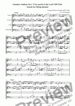 page one of Chandos Anthem No.1 "O be joyful in the Lord" HWV246 Sonata for String Quartet