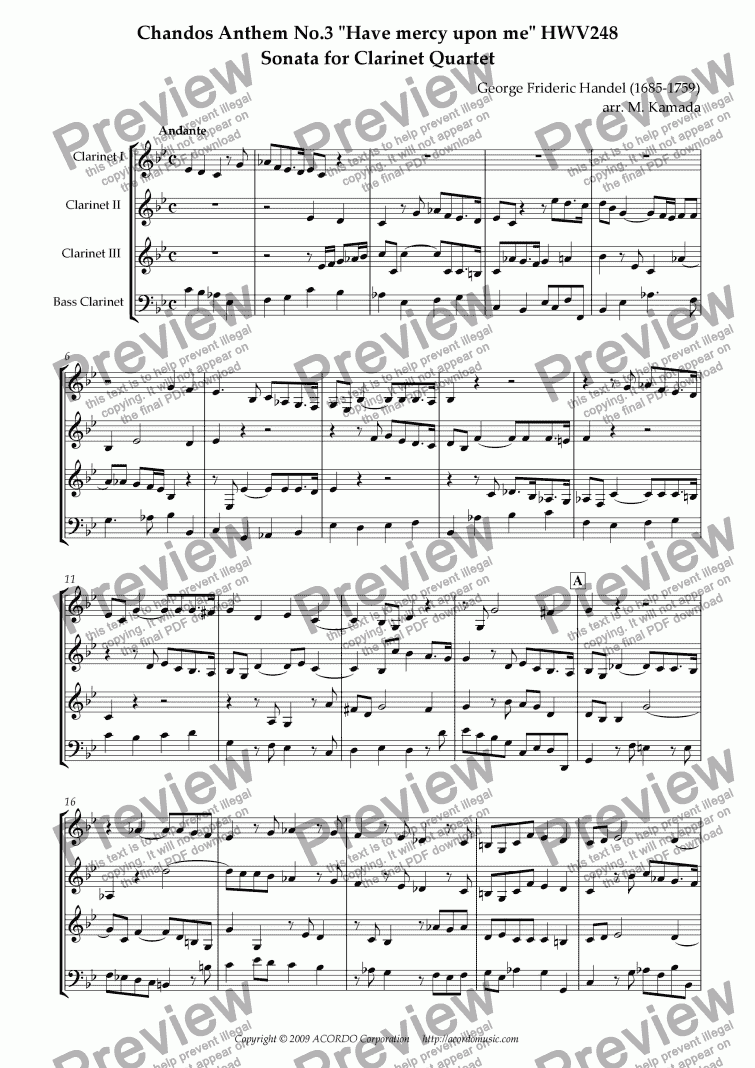 page one of Chandos Anthem No.3 "Have mercy upon me" HWV248 Sonata for Clarinet Quartet