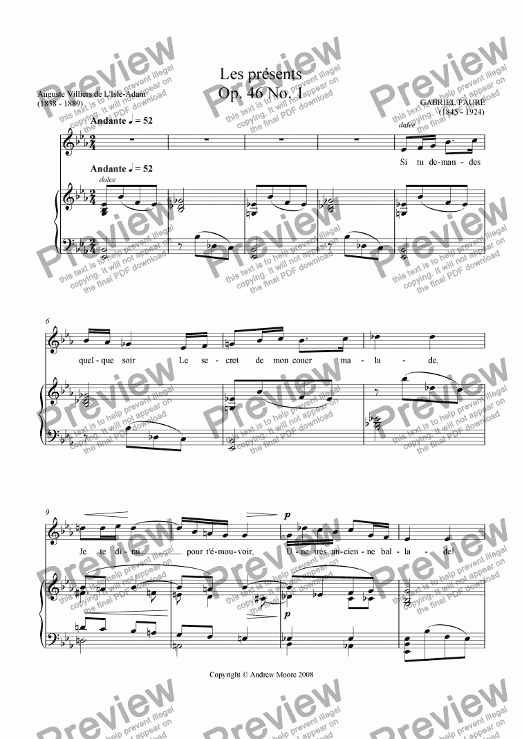 page one of ’Les Presents’ for voice & piano Op.46 No.1