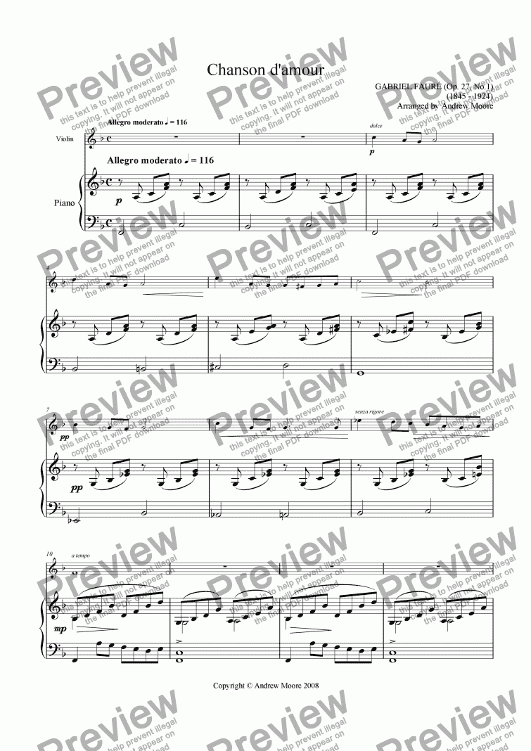 page one of ’Chanson d’amour’ arranged for violin & piano
