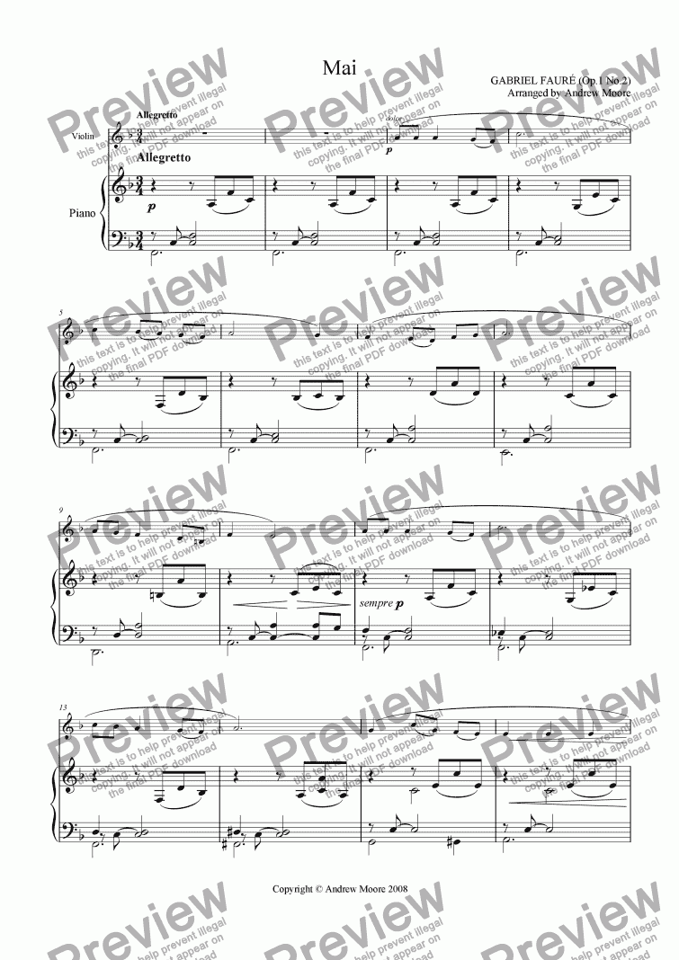 page one of ’Mai’ arranged for Violin & piano