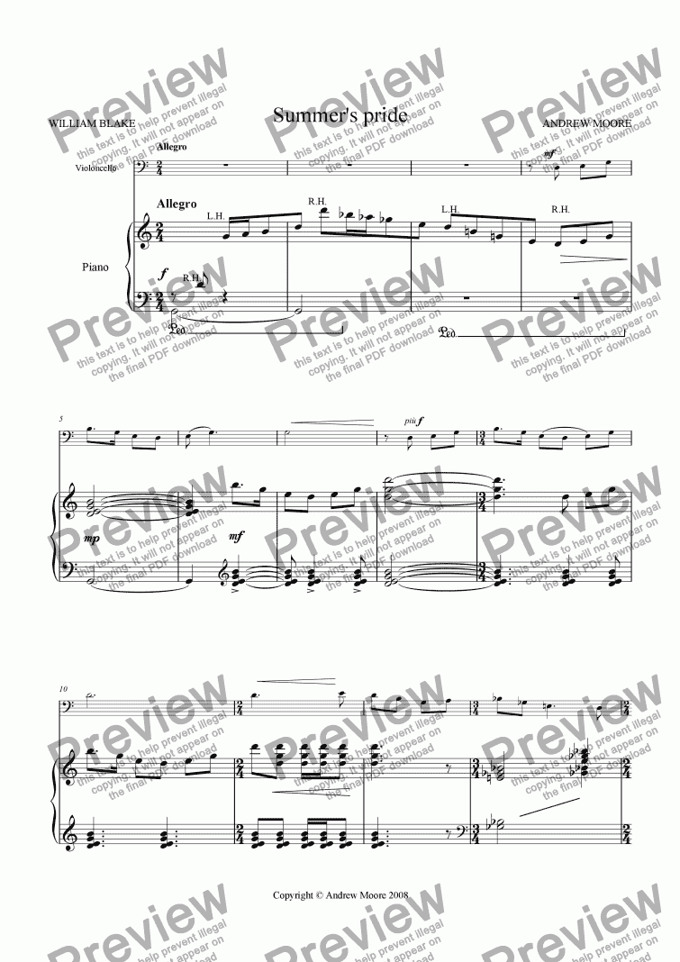 page one of ’Summer’s Pride’ for Cello & piano