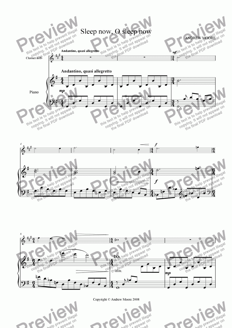 page one of ’Sleep now, O sleep now’ for Clarinet & piano