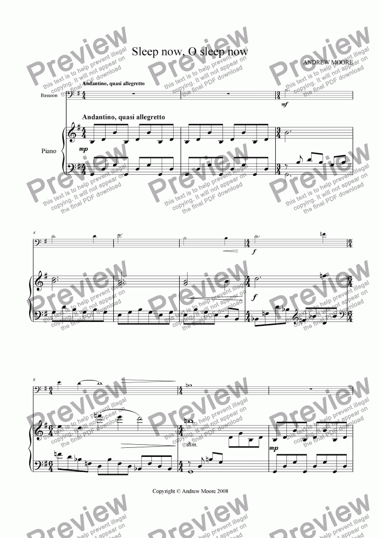page one of ’Sleep now, O sleep now’ for Bassoon & piano
