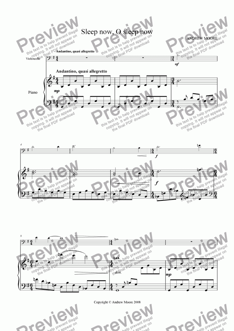page one of ’Sleep now, O sleep now’ for Cello & piano