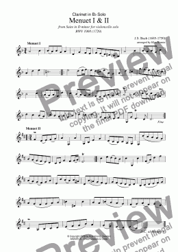page one of Menuet Suite No. 2, BWV 1008 for clarinet in Bb solo