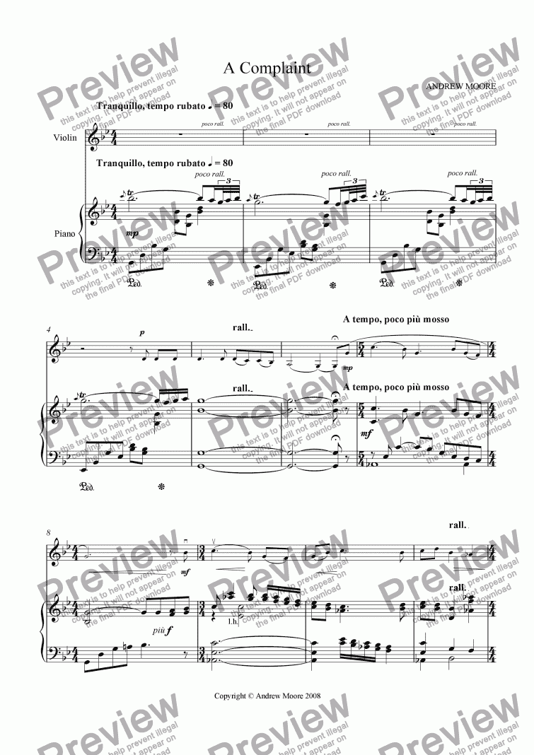 page one of ’A Complaint’ for Violin & piano