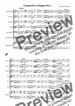 page one of C. Tessarini di Rimini Concerti a Cinque No.1for Violin and String Orchestra