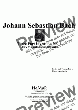 page one of J. S. Bach Three Part Invention No. 1 for 2 Marimbas and Violoncello