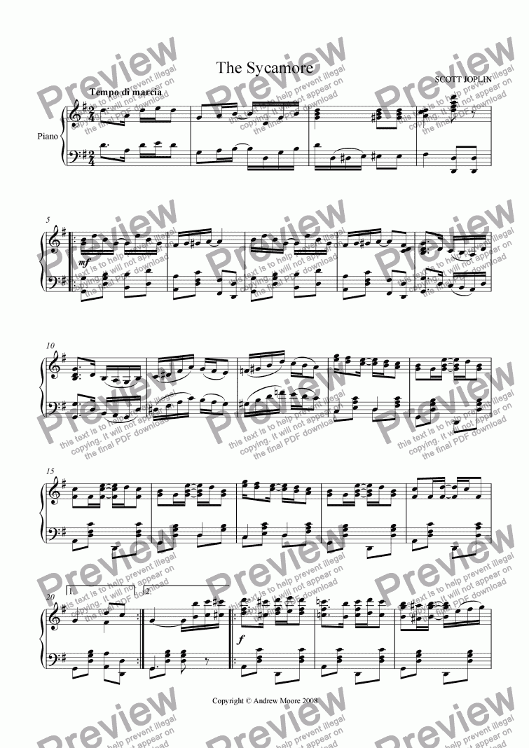 page one of ’The Sycamore’ for solo piano