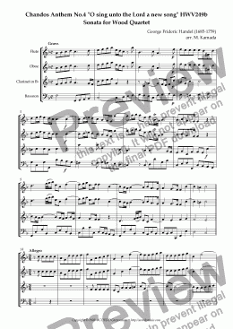 page one of Chandos Anthem No.4 "O sing unto the Lord a new song" HWV249b Sonata for Wood Quartet