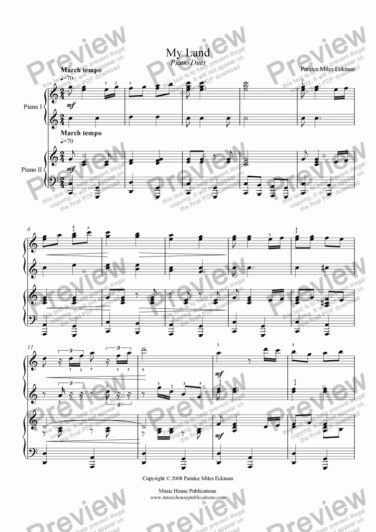 page one of My Land (Piano Duet)