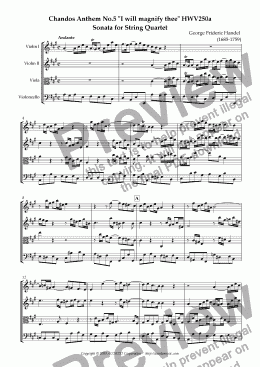 page one of Chandos Anthem No.5 "I will magnify thee" HWV250a Sonata for String Quartet