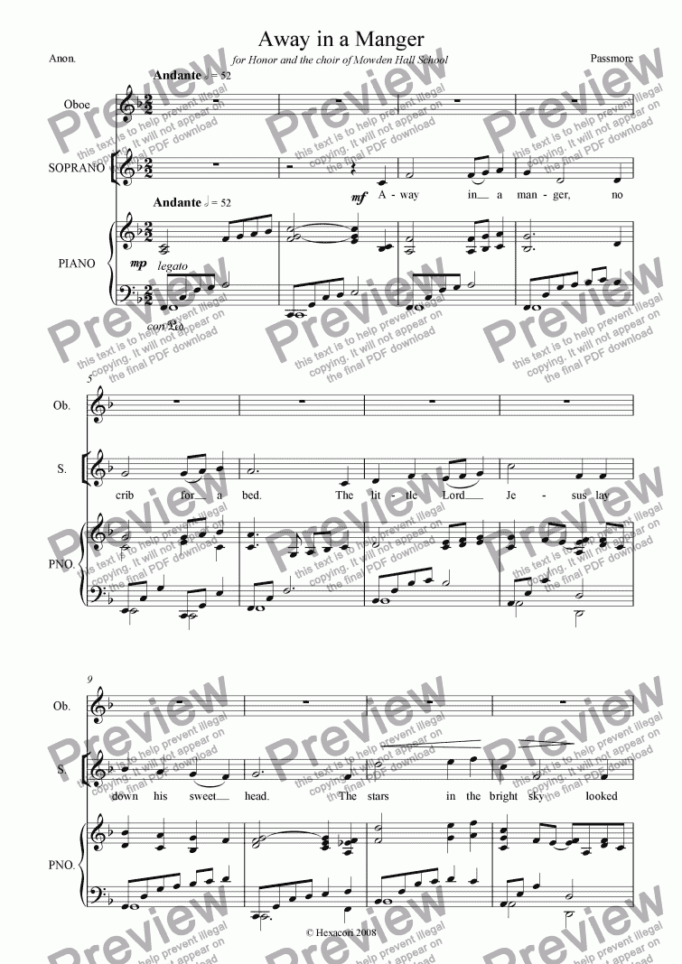 page one of Away in a Manger (SATB + Piano + Oboe)