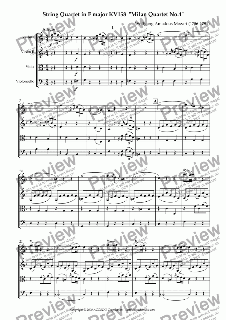 page one of String Quartet in F major KV158  "Milan Quartet No.4"
