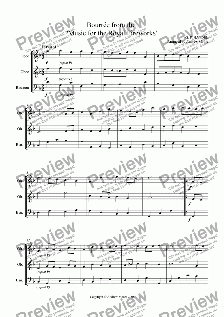 page one of Bourree from Music for the Royal Fireworks arr. for Wind Trio