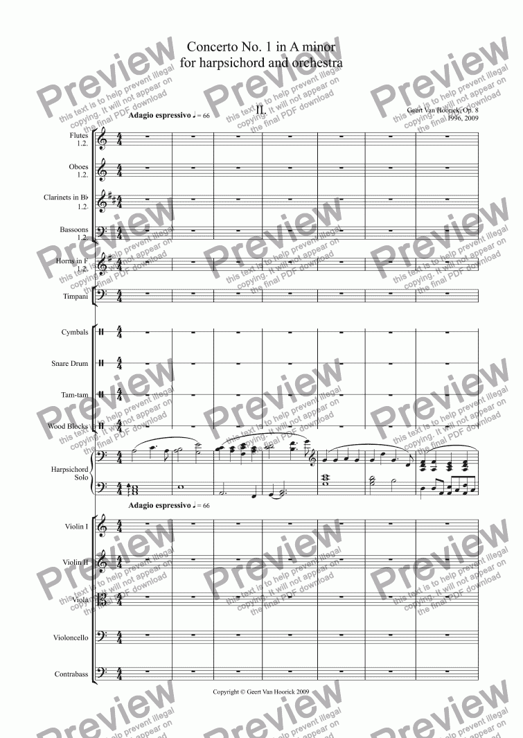 page one of Concerto No. 1 in A minor for harpsichord and orchestra, Op. 8 - II. Adagio espressivo