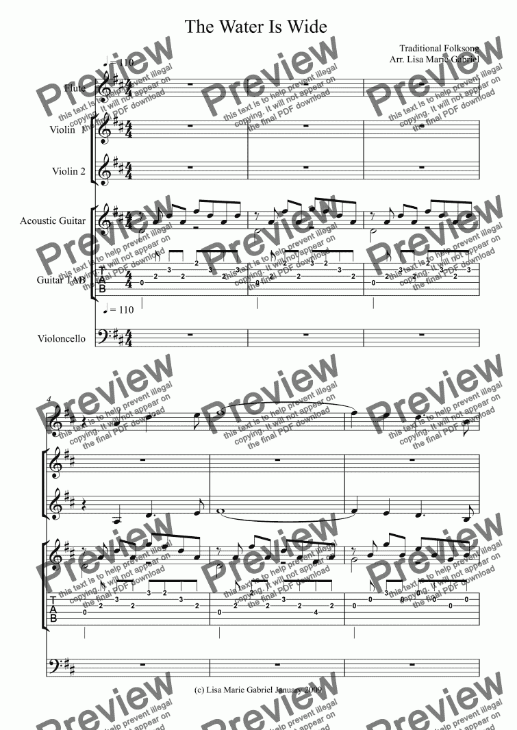 page one of The Water Is Wide - Violins, Cello, Flute and Guitar with TAB