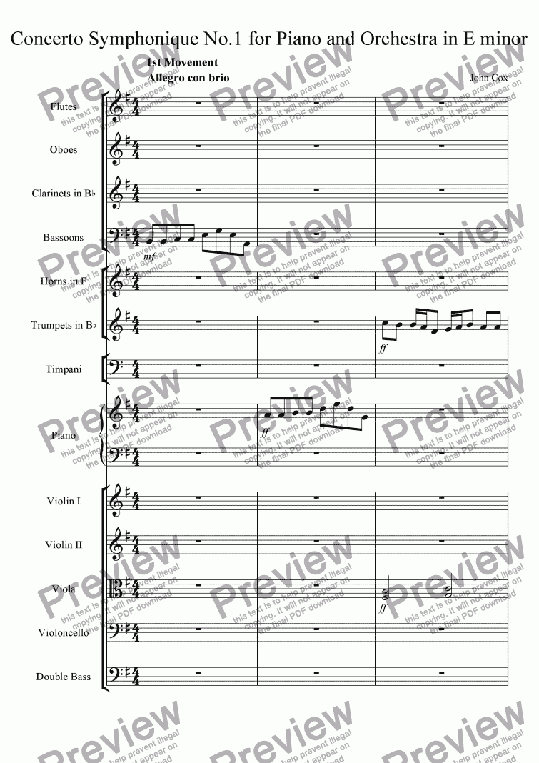 page one of Concerto Symphonique No.1 for Piano & Orchestra in E minor
