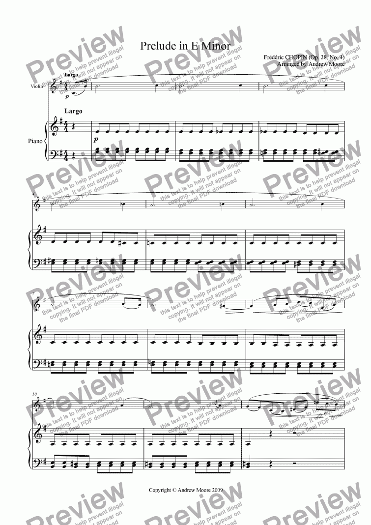 page one of Prelude in E Minor Op.28, No. 4 for Violin & piano