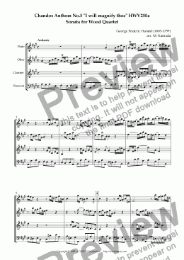 page one of Chandos Anthem No.5 "I will magnify thee" HWV250a Sonata for Wood Quartet