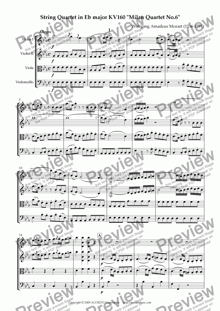 page one of String Quartet in Eb major KV160 "Milan Quartet No.6"