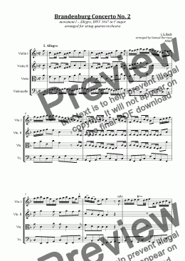 page one of Brandenburg Concerto No. 2  (I. Allegro) - BWV 1047 in F major (for string quartet/orchestra)