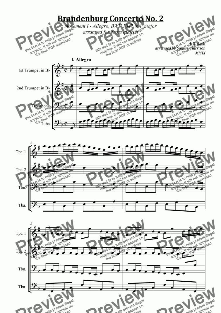page one of Brandenburg Concerto No. 2  (I. Allegro) - BWV 1047 in F major (for brass quartet)