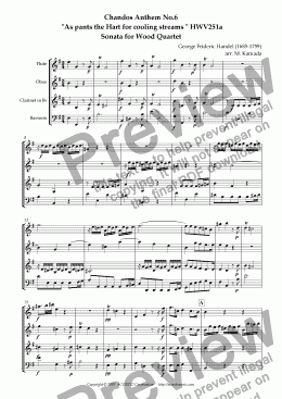 page one of Chandos Anthem No.6  "As pants the Hart for cooling streams" HWV251a Sonata for Wood Quartet
