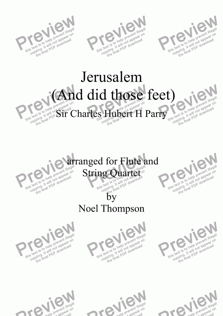 page one of Jerusalem (And did those feet) for Flute and String Qtet