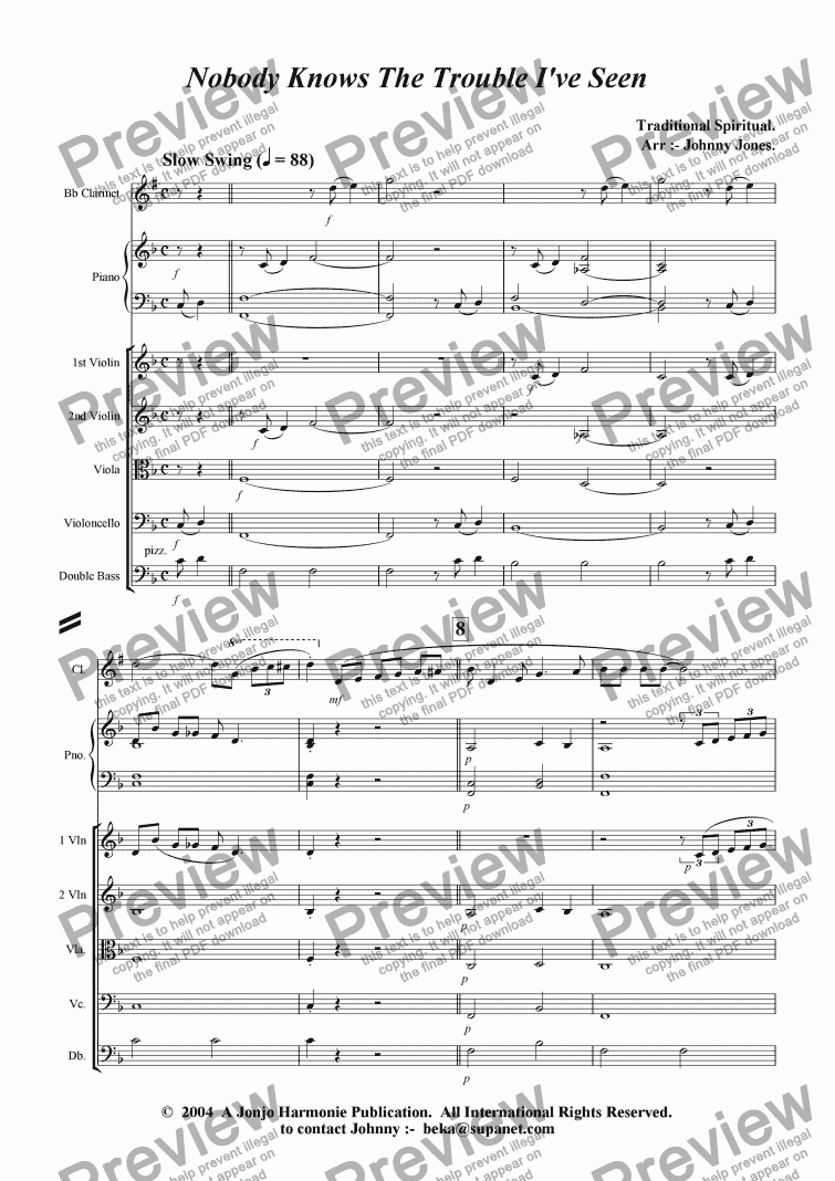 page one of Nobody Knows The Trouble I've Seen   (Clarinet and Strings)