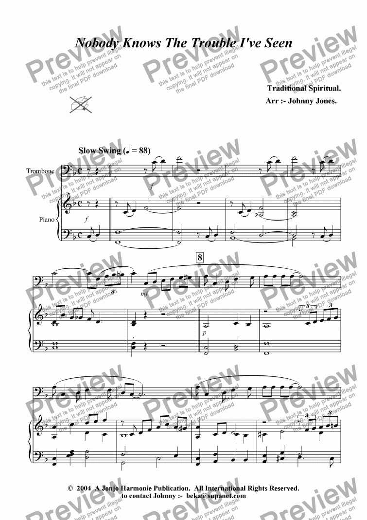 page one of Nobody Knows The Trouble I've Seen    (Trombone and Piano)
