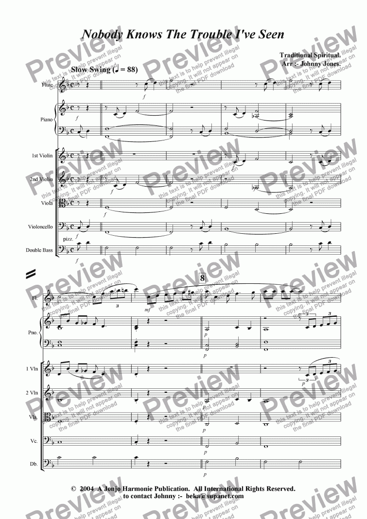 page one of Nobody Knows The Trouble I've Seen   (Flute and Strings)