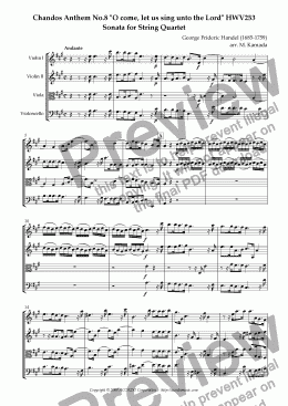 page one of Chandos Anthem No.8 "O come, let us sing unto the Lord" HWV253 Sonata for String Quartet