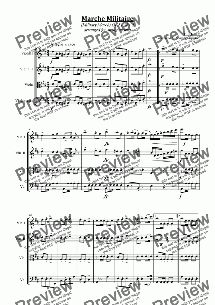page one of Marche Militaire (Military March), Op. 51, No. 1 (for string quartet/orchestra)